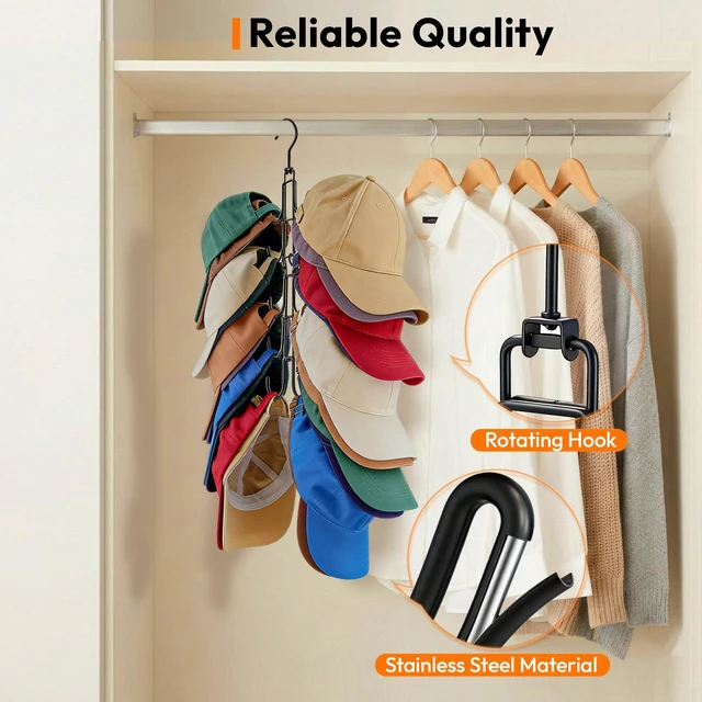 Alt view image 3 of 7 - Hat Organizer for Closet, Baseball Caps Rack with 10 Hooks | Stainless Steel Hat hangerSpace-Saving Hat Holder Display for Caps Storage and Closet Organization, Black