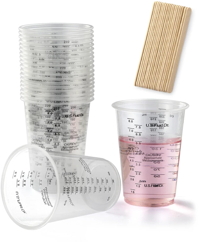 Main image of 20pcs 8oz Graduated Clear Plastic Measuring Mixing Cups with 20pcs Wooden Stirring Sticks for Mixing Paint, Pigments, Epoxy Resins