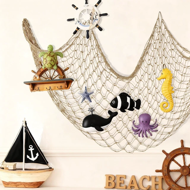 Alt view image 3 of 6 - Decorative Fishing Net 80x40 Inch,Large Fish Nets Party,Caramel | Picture Fish Net,Photo Hanging Fishnet for Nautical Pirate Ocean Themed Hawaii Beach Under The Sea Halloween Party Decoration