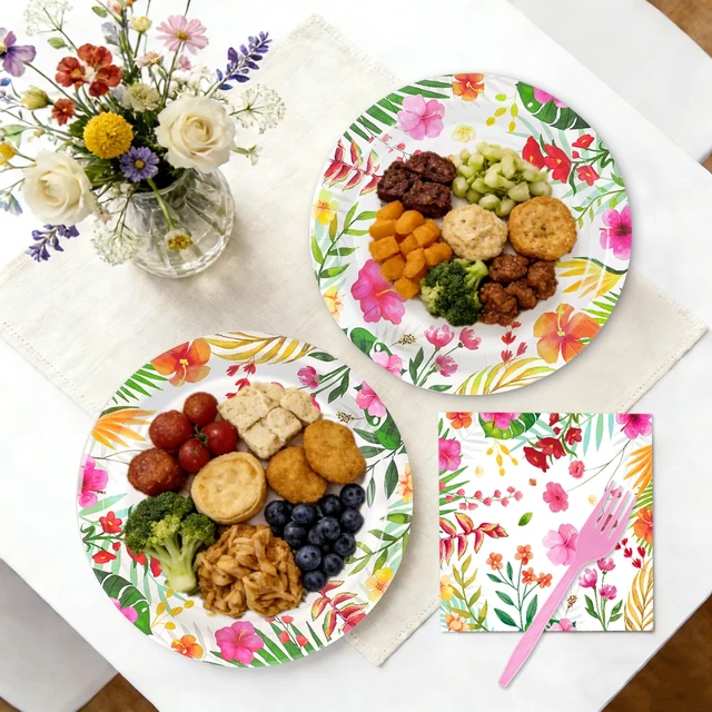 Alt view image 2 of 7 - Tropical 9'' Paper Plate Set, Hawaiian Luau Party Decorations, 24 Set | Leak-Resistant summer party plates with napkins and forks for aloha, tropical, luau, BBQs, birthday party supplies