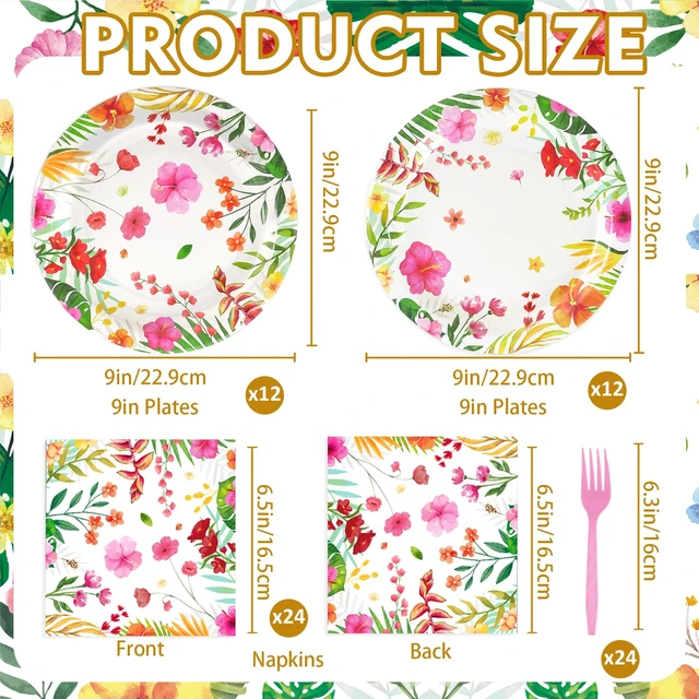 Alt view image 3 of 7 - Tropical 9'' Paper Plate Set, Hawaiian Luau Party Decorations, 24 Set | Leak-Resistant summer party plates with napkins and forks for aloha, tropical, luau, BBQs, birthday party supplies