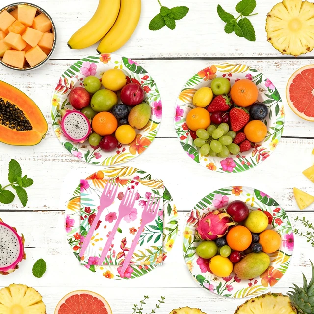 Alt view image 4 of 7 - Tropical 9'' Paper Plate Set, Hawaiian Luau Party Decorations, 24 Set | Leak-Resistant summer party plates with napkins and forks for aloha, tropical, luau, BBQs, birthday party supplies