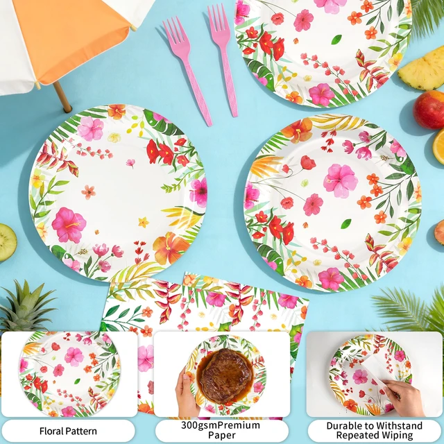 Alt view image 5 of 7 - Tropical 9'' Paper Plate Set, Hawaiian Luau Party Decorations, 24 Set | Leak-Resistant summer party plates with napkins and forks for aloha, tropical, luau, BBQs, birthday party supplies
