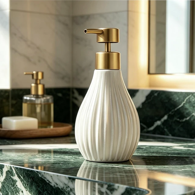 Alt view image 3 of 5 - Hand Soap Dispenser Beige Ceramic Soap Dispensers with Gold Pump 10Oz for Kitchen Bathroom Sink Countertop Boho Home Decor
