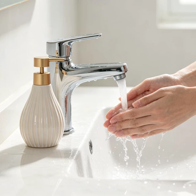 Alt view image 4 of 5 - Hand Soap Dispenser Beige Ceramic Soap Dispensers with Gold Pump 10Oz for Kitchen Bathroom Sink Countertop Boho Home Decor