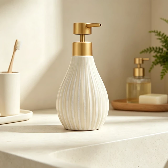 Alt view image 2 of 5 - Hand Soap Dispenser Beige Ceramic Soap Dispensers with Gold Pump 10Oz for Kitchen Bathroom Sink Countertop Boho Home Decor