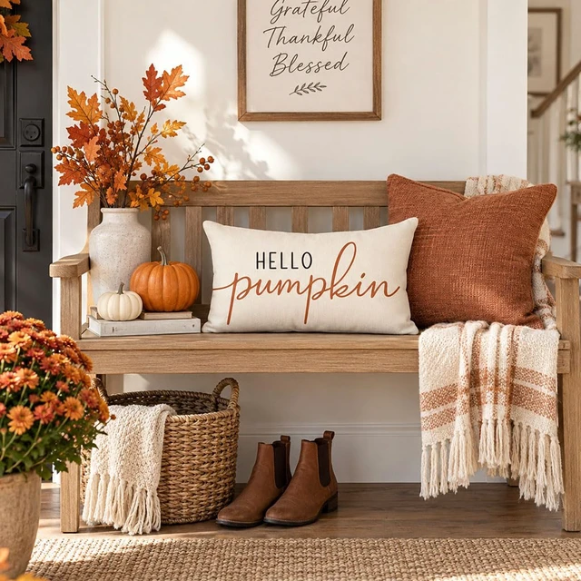 Alt view image 3 of 7 - Fall Pillow Covers 12x20 Inch, Hello Pumpkin Decor, Cream | Neutral Outdoor Fall Decorations for Home, Thanksgiving Couch and Sofa, Bench Farmhouse Decorative Lumbar Throw Pillow Cover