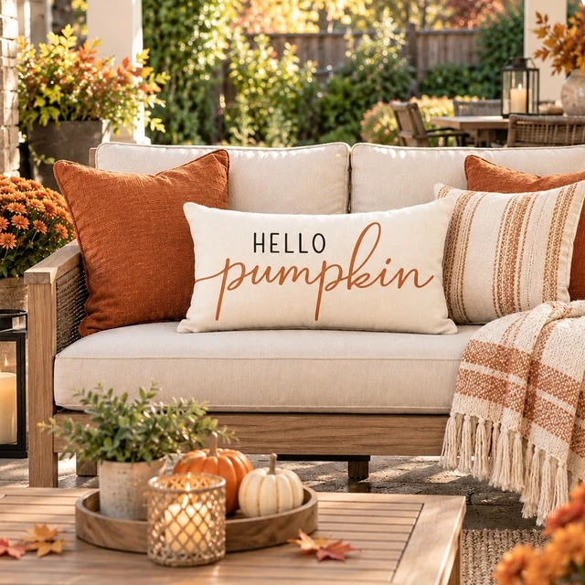 Alt view image 6 of 7 - Fall Pillow Covers 12x20 Inch, Hello Pumpkin Decor, Cream | Neutral Outdoor Fall Decorations for Home, Thanksgiving Couch and Sofa, Bench Farmhouse Decorative Lumbar Throw Pillow Cover