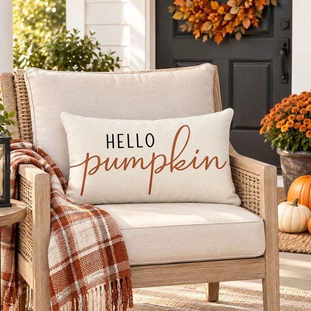 Alt view image 2 of 7 - Fall Pillow Covers 12x20 Inch, Hello Pumpkin Decor, Cream | Neutral Outdoor Fall Decorations for Home, Thanksgiving Couch and Sofa, Bench Farmhouse Decorative Lumbar Throw Pillow Cover