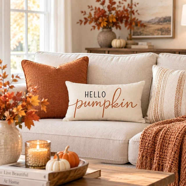 Alt view image 7 of 7 - Fall Pillow Covers 12x20 Inch, Hello Pumpkin Decor, Cream | Neutral Outdoor Fall Decorations for Home, Thanksgiving Couch and Sofa, Bench Farmhouse Decorative Lumbar Throw Pillow Cover