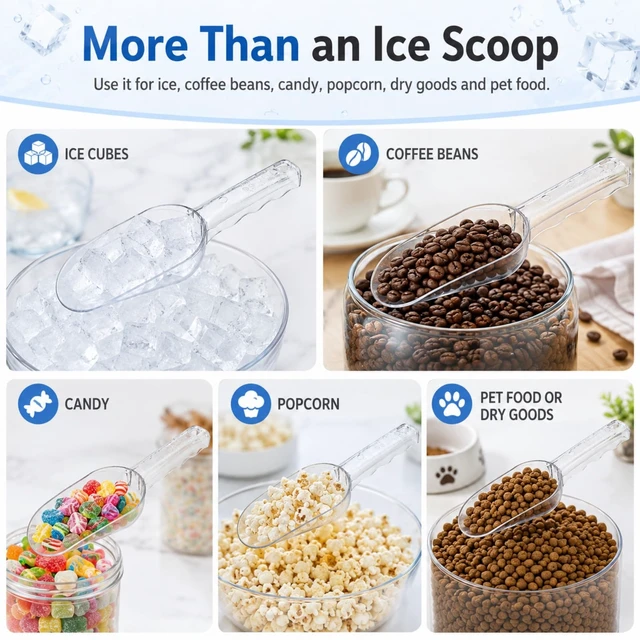 Alt view image 3 of 6 - Ice Scoop for Freezer, M-12 oz Clear Plastic Ice Cube Scooper for Buckets | Food-Grade PC, Ergonomic Wavy Handle, Dishwasher Safe; for Ice Makers, Fridges, Home Bars, Coffee Beans, Candy and Pet Food