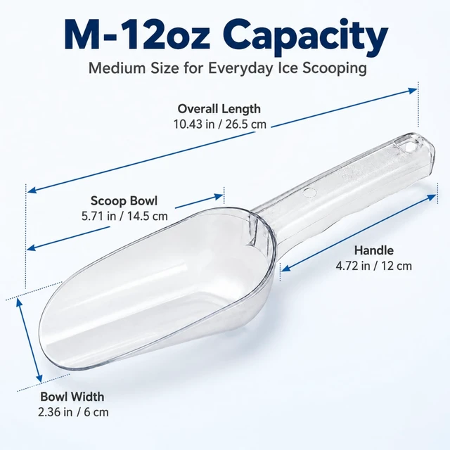 Alt view image 6 of 6 - Ice Scoop for Freezer, M-12 oz Clear Plastic Ice Cube Scooper for Buckets | Food-Grade PC, Ergonomic Wavy Handle, Dishwasher Safe; for Ice Makers, Fridges, Home Bars, Coffee Beans, Candy and Pet Food