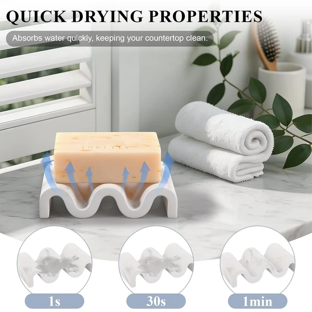 Alt view image 3 of 6 - Diatomite Soap Dish Bar Soap Holder Quick Drying Sponge Tray, Marble White | Fast Drying, Self Draining Design Helps Keep Bar Soap Dry for Bathroom Sink, Shower & Kitchen