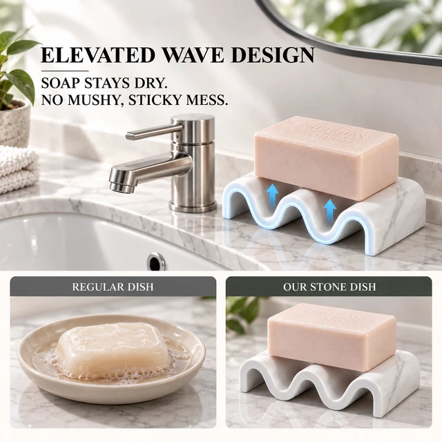 Alt view image 2 of 6 - Diatomite Soap Dish Bar Soap Holder Quick Drying Sponge Tray, Marble White | Fast Drying, Self Draining Design Helps Keep Bar Soap Dry for Bathroom Sink, Shower & Kitchen