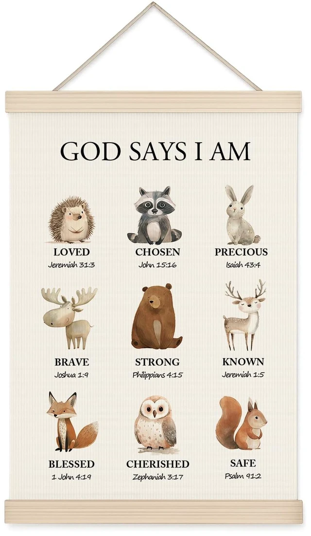 Main image of Woodland Christian Wall Art for Nursery, 11x17in Oxford Cloth Hanging Banner with Bible Verses, Woodland Animal Forest Theme Scripture Decor for Kids Bedroom, Prayer Room, Nursery & Spiritual Gifts