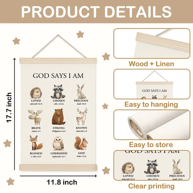 Alt view image 2 of 7 - Woodland Christian Wall Art for Nursery, 11x17in Oxford Cloth Hanging Banner with Bible Verses, Woodland Animal Forest Theme Scripture Decor for Kids Bedroom, Prayer Room, Nursery & Spiritual Gifts