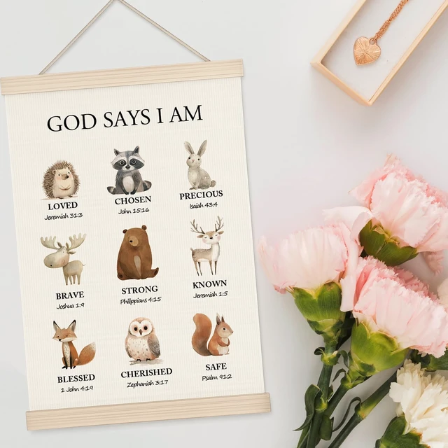 Alt view image 3 of 7 - Woodland Christian Wall Art for Nursery, 11x17in Oxford Cloth Hanging Banner with Bible Verses, Woodland Animal Forest Theme Scripture Decor for Kids Bedroom, Prayer Room, Nursery & Spiritual Gifts