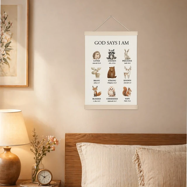 Alt view image 4 of 7 - Woodland Christian Wall Art for Nursery, 11x17in Oxford Cloth Hanging Banner with Bible Verses, Woodland Animal Forest Theme Scripture Decor for Kids Bedroom, Prayer Room, Nursery & Spiritual Gifts