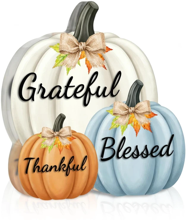 Main image of Fall Decor Thanksgiving Tabletop Pumpkin Sign, Grateful Thankful Blessed | Farmhouse autumn tabletop centerpiece, acrylic harvest home decor, cute fall mantel ornament, Thanksgiving accent.