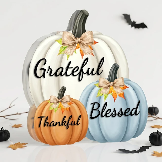 Alt view image 2 of 7 - Fall Decor Thanksgiving Tabletop Pumpkin Sign, Grateful Thankful Blessed | Farmhouse autumn tabletop centerpiece, acrylic harvest home decor, cute fall mantel ornament, Thanksgiving accent.
