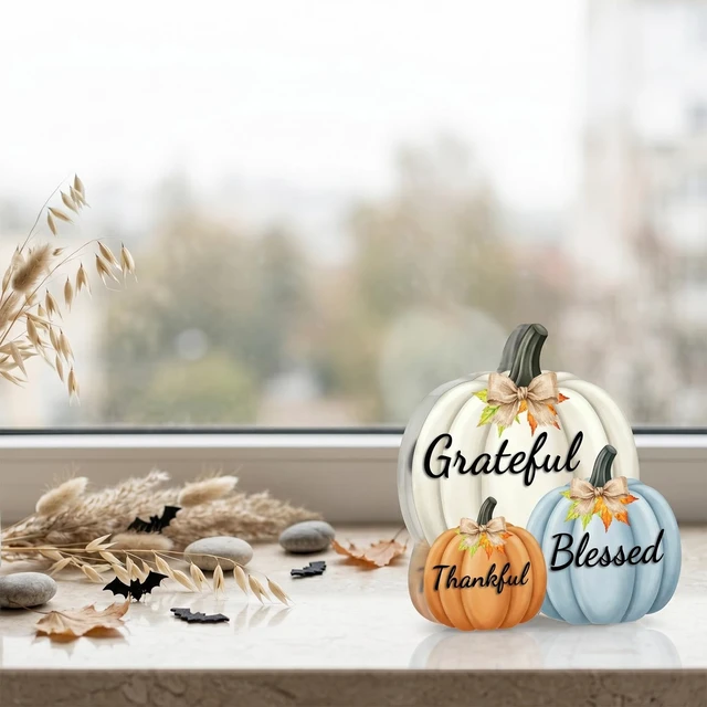 Alt view image 7 of 7 - Fall Decor Thanksgiving Tabletop Pumpkin Sign, Grateful Thankful Blessed | Farmhouse autumn tabletop centerpiece, acrylic harvest home decor, cute fall mantel ornament, Thanksgiving accent.