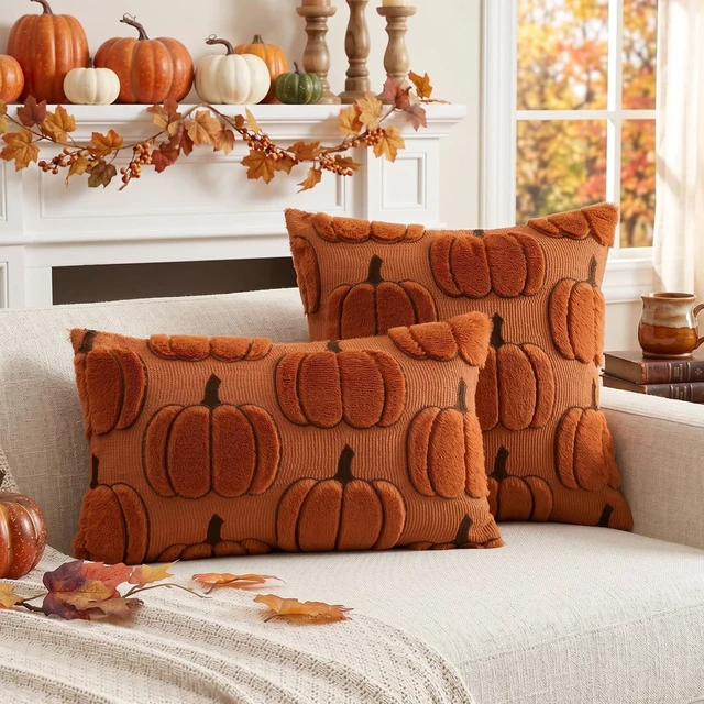 Alt view image 3 of 7 - Fall Pumpkin Throw Pillow Covers 18x18 Set of 2, Autumn Soft Plush Faux Fur Decoration Cushion Covers for Thanksgiving & Halloween Couch Sofa Bedroom Home Decor-Rust