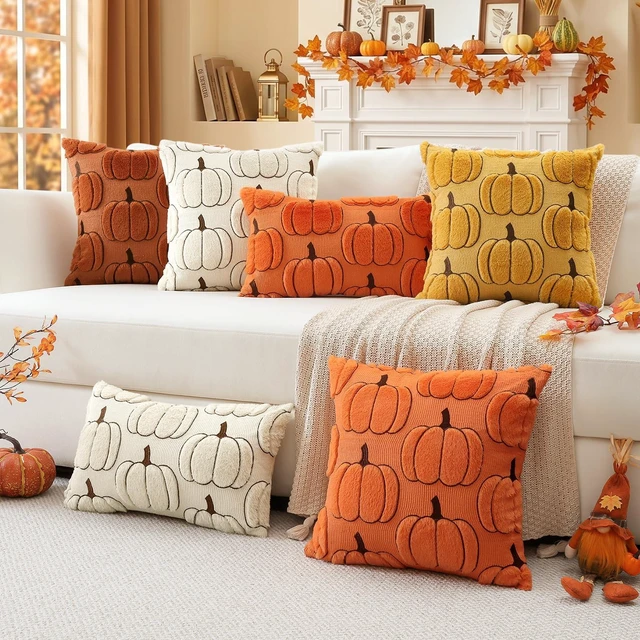 Alt view image 7 of 7 - Fall Pumpkin Throw Pillow Covers 18x18 Set of 2, Autumn Soft Plush Faux Fur Decoration Cushion Covers for Thanksgiving & Halloween Couch Sofa Bedroom Home Decor-Rust
