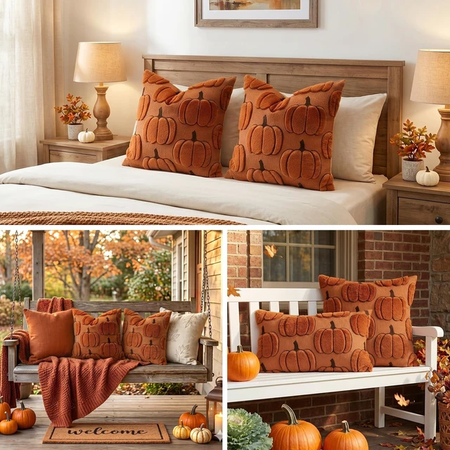 Alt view image 6 of 7 - Fall Pumpkin Throw Pillow Covers 18x18 Set of 2, Autumn Soft Plush Faux Fur Decoration Cushion Covers for Thanksgiving & Halloween Couch Sofa Bedroom Home Decor-Rust