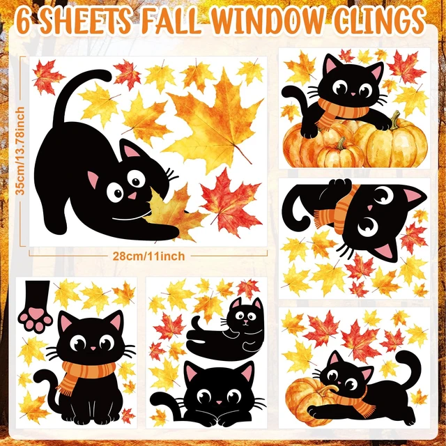 Alt view image 2 of 7 - 6 Sheets Fall Window Clings Decorations, Black Cat Window Decals for Glass Windows, Pumpkin Maple Leaf Windows Stickers for Fall Autumn Home Office Thanksgiving Party Decor