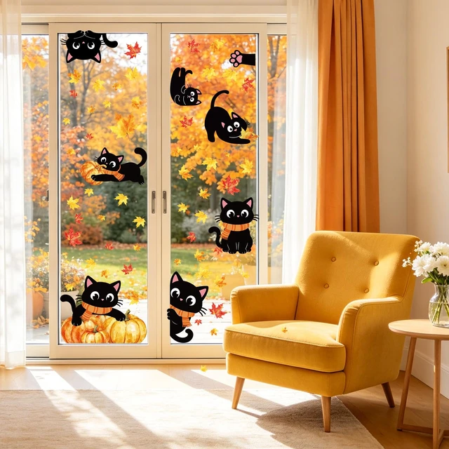 Alt view image 5 of 7 - 6 Sheets Fall Window Clings Decorations, Black Cat Window Decals for Glass Windows, Pumpkin Maple Leaf Windows Stickers for Fall Autumn Home Office Thanksgiving Party Decor