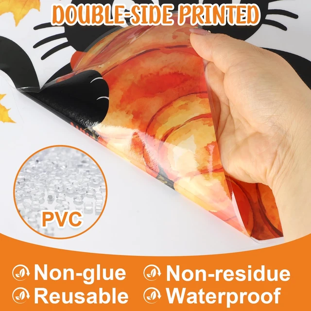 Alt view image 3 of 7 - 6 Sheets Fall Window Clings Decorations, Black Cat Window Decals for Glass Windows, Pumpkin Maple Leaf Windows Stickers for Fall Autumn Home Office Thanksgiving Party Decor