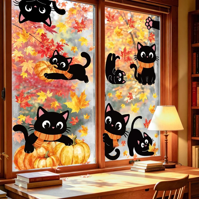 Alt view image 4 of 7 - 6 Sheets Fall Window Clings Decorations, Black Cat Window Decals for Glass Windows, Pumpkin Maple Leaf Windows Stickers for Fall Autumn Home Office Thanksgiving Party Decor