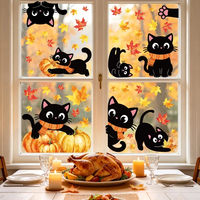 Alt view image 7 of 7 - 6 Sheets Fall Window Clings Decorations, Black Cat Window Decals for Glass Windows, Pumpkin Maple Leaf Windows Stickers for Fall Autumn Home Office Thanksgiving Party Decor