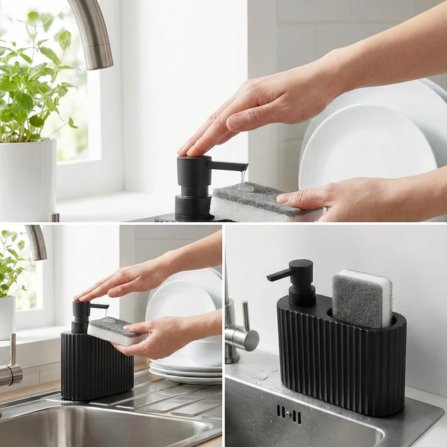 Alt view image 5 of 5 - Matte Black Dish Soap Dispenser with Sponge Holder for Kitchen Sink - 2-in-1 Plastic Soap Dispenser Bottle with Soft-Touch Finish
