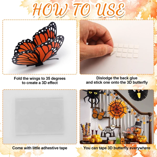 Alt view image 6 of 7 - Dia De Los Muertos Decorations, Day of The Dead Decorations,Monarch Butterfly Decorations,Ofrenda Decoration for Altar 3 Size 3D Artificial Butterflies Decor for Wall Decal Craft Home Halloween,12Pcs