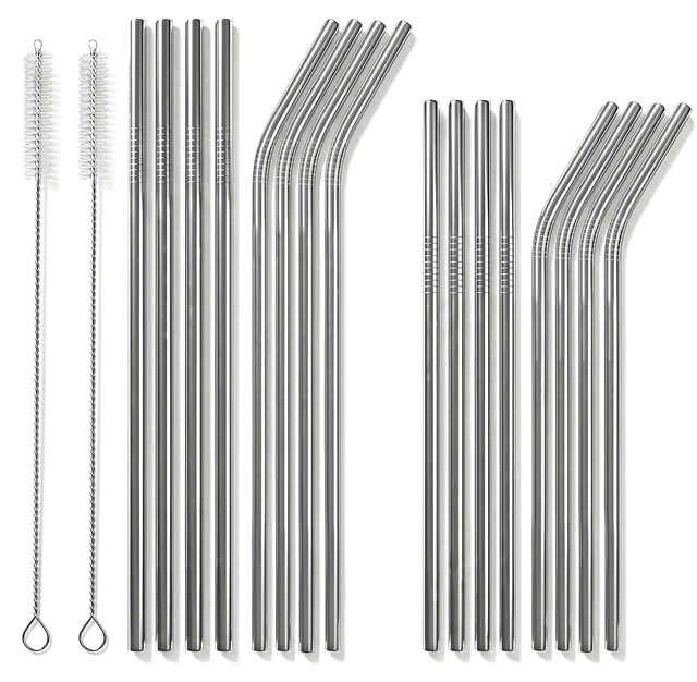 Main image of 16 Pack Reusable Stainless Steel Metal Straws with 2 Clean Brushes | 4 Straight + 4 Bent 10.5 Inch, 4 Straight + 4 Bent 8.5 Inch, 2 Cleaning Brushes, Compatible with 20/30 oz Tumbler
