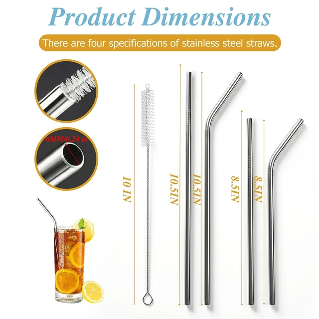 Alt view image 2 of 7 - 16 Pack Reusable Stainless Steel Metal Straws with 2 Clean Brushes | 4 Straight + 4 Bent 10.5 Inch, 4 Straight + 4 Bent 8.5 Inch, 2 Cleaning Brushes, Compatible with 20/30 oz Tumbler