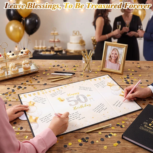 Alt view image 3 of 7 - 50Th Birthday Guest Book Alternative Card, Black Gold, 18 x 12 Inch | Foldable Cardstock Sign-In Board, Smooth Writing Surface, Party Decor And Keepsake, For Men And Women