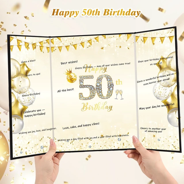 Alt view image 4 of 7 - 50Th Birthday Guest Book Alternative Card, Black Gold, 18 x 12 Inch | Foldable Cardstock Sign-In Board, Smooth Writing Surface, Party Decor And Keepsake, For Men And Women