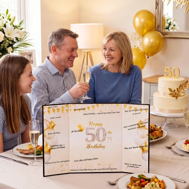 Alt view image 7 of 7 - 50Th Birthday Guest Book Alternative Card, Black Gold, 18 x 12 Inch | Foldable Cardstock Sign-In Board, Smooth Writing Surface, Party Decor And Keepsake, For Men And Women