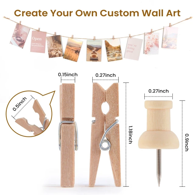 Alt view image 3 of 6 - 100 Pcs Mini Clothespins for Photo Hanging Display, Photo String Wall Decor | Small Clothes Pins with 65ft Jute Twine for Photos Pictures Crafts DIY Project Tiny Decorative Clothespins for Baby Shower