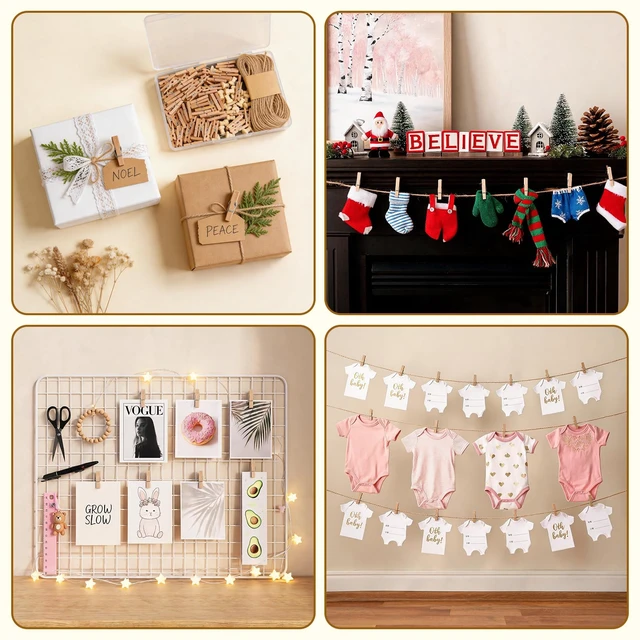 Alt view image 6 of 6 - 100 Pcs Mini Clothespins for Photo Hanging Display, Photo String Wall Decor | Small Clothes Pins with 65ft Jute Twine for Photos Pictures Crafts DIY Project Tiny Decorative Clothespins for Baby Shower