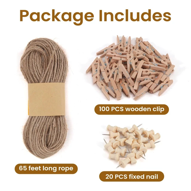 Alt view image 2 of 6 - 100 Pcs Mini Clothespins for Photo Hanging Display, Photo String Wall Decor | Small Clothes Pins with 65ft Jute Twine for Photos Pictures Crafts DIY Project Tiny Decorative Clothespins for Baby Shower