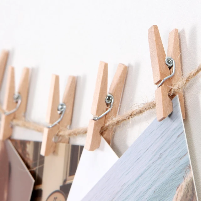 Alt view image 4 of 6 - 100 Pcs Mini Clothespins for Photo Hanging Display, Photo String Wall Decor | Small Clothes Pins with 65ft Jute Twine for Photos Pictures Crafts DIY Project Tiny Decorative Clothespins for Baby Shower