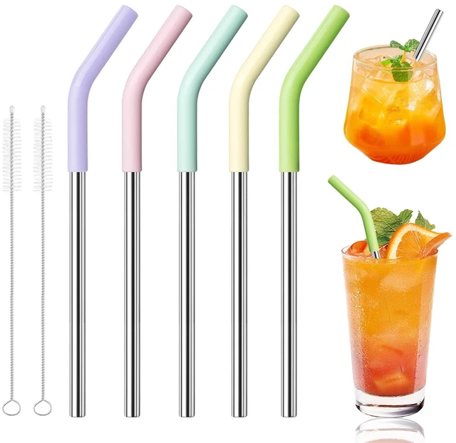 Main image of 5 Pcs Short Metal Straws with Silicone Tip, 8.5 Reusable Drinking Straw | Fits 8-16 oz Cups Mugs, 6 x 8 mm Reusable Stainless Steel Straws with Colorful Silicone Tip & 2 Cleaning Brush (Colors - A)