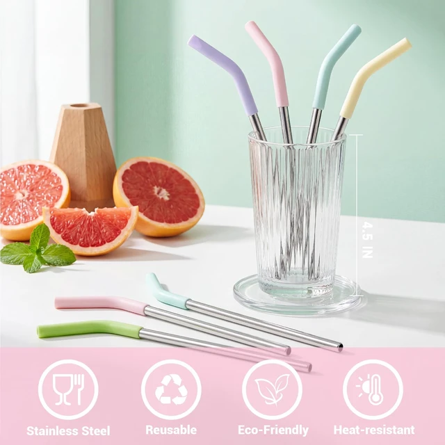 Alt view image 2 of 7 - 5 Pcs Short Metal Straws with Silicone Tip, 8.5 Reusable Drinking Straw | Fits 8-16 oz Cups Mugs, 6 x 8 mm Reusable Stainless Steel Straws with Colorful Silicone Tip & 2 Cleaning Brush (Colors - A)