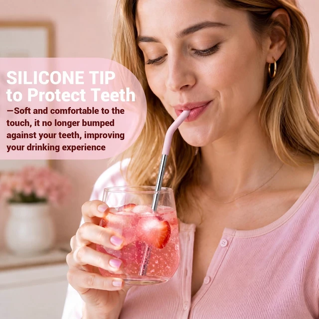 Alt view image 4 of 7 - 5 Pcs Short Metal Straws with Silicone Tip, 8.5 Reusable Drinking Straw | Fits 8-16 oz Cups Mugs, 6 x 8 mm Reusable Stainless Steel Straws with Colorful Silicone Tip & 2 Cleaning Brush (Colors - A)