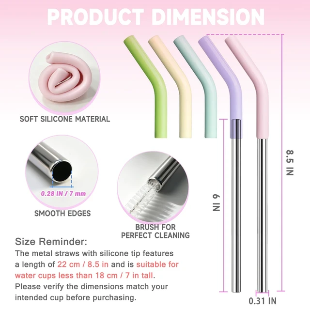Alt view image 5 of 7 - 5 Pcs Short Metal Straws with Silicone Tip, 8.5 Reusable Drinking Straw | Fits 8-16 oz Cups Mugs, 6 x 8 mm Reusable Stainless Steel Straws with Colorful Silicone Tip & 2 Cleaning Brush (Colors - A)
