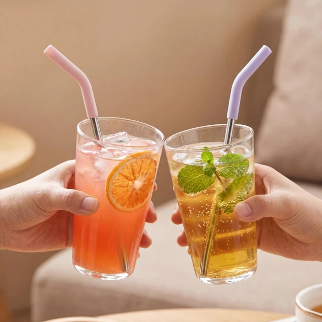 Alt view image 6 of 7 - 5 Pcs Short Metal Straws with Silicone Tip, 8.5 Reusable Drinking Straw | Fits 8-16 oz Cups Mugs, 6 x 8 mm Reusable Stainless Steel Straws with Colorful Silicone Tip & 2 Cleaning Brush (Colors - A)