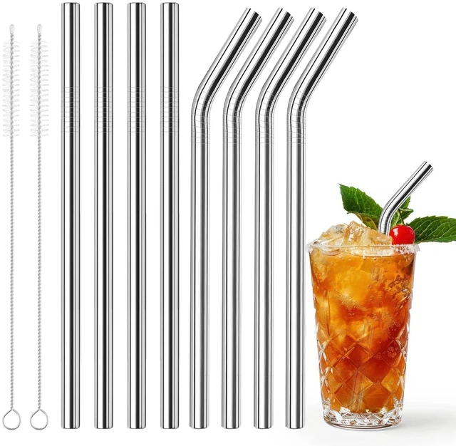 Main image of 10 Pack 8.5 in x 8 mm Metal Straws Reusable Stainless Steel Straws | Set of 4 Straight 4 Bent Reusable Metal Drinking Straw with 2 Cleaning Brush for Cocktail Coffee Beverage (Silver)